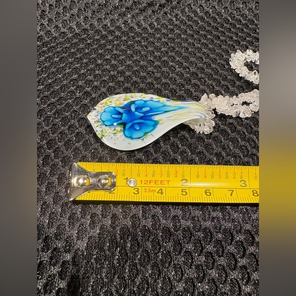 Delicate Floral Teardrop Glass Pendant Necklace with Vibrant Blue Flowers - Picture 11 of 12